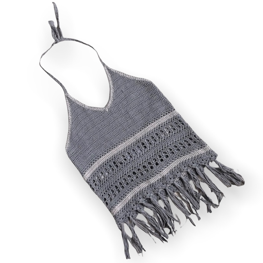Papercrane women’s crochet knit halter top cropped boho size L fringe festival